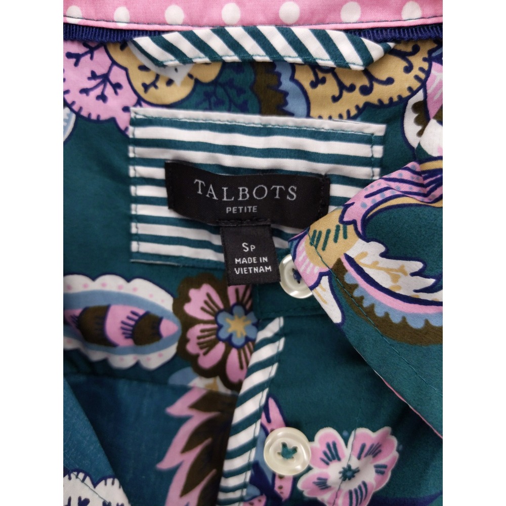 Talbots Petite Teal Floral Print Button Up Shirt Women's Size SP 100% Cotton‎ - Picture 7 of 9